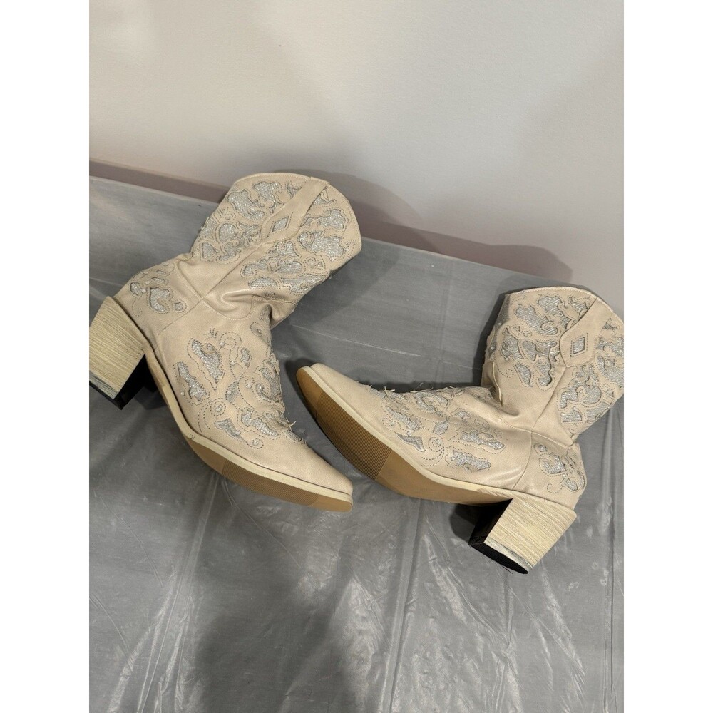 Womens Western Cowboy Boots Beige Silver Glitter Embroidered EU 38 US 7.5 - Picture 6 of 6